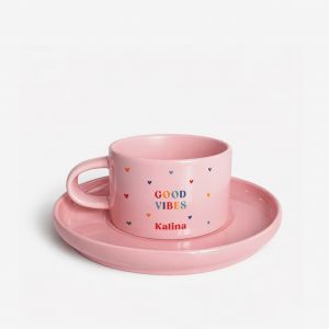 R�owa fili�anka ze spodkiem GOOD VIBES prezent dla optymistki fili�anka r�owa prezent dla niej