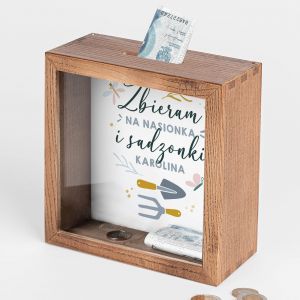 Skarbonka z szybk ZBIERAM NA NASIONKA I SADZONKI prezent dla ogrodnika prezent dla dziakowca