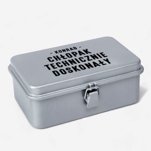 Personalizowana skrzynka szara TECHNICZNIE DOSKONAY praktyczny prezent dla chopaka