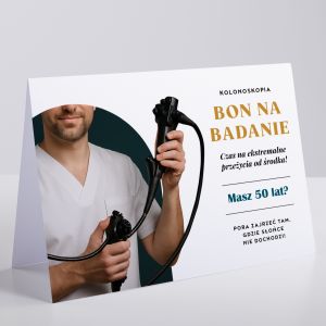 mieszna kartka BON NA KOLONOSKOPI upominek na 50 urodziny kartka z humorem kartka na 50 urodziny