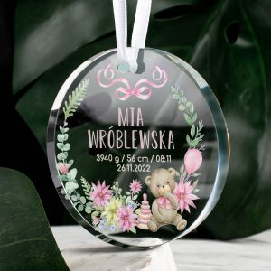 Zawieszka szklana PAMITKA URODZENIA DZIECKA metryczka dziewczynki prezent na narodziny dziecka