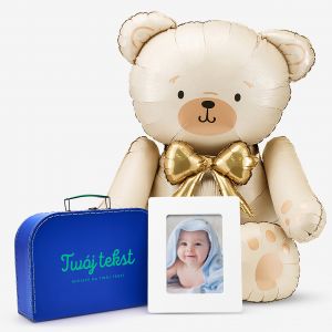 Zestaw prezentowy dla dziecka TWJ TEKST ramka i balon w niebieskim kuferku 