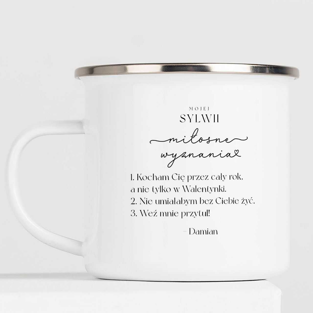 Emaliowany kubek na Walentynki dla niej MIŁOSNE WYZNANIA