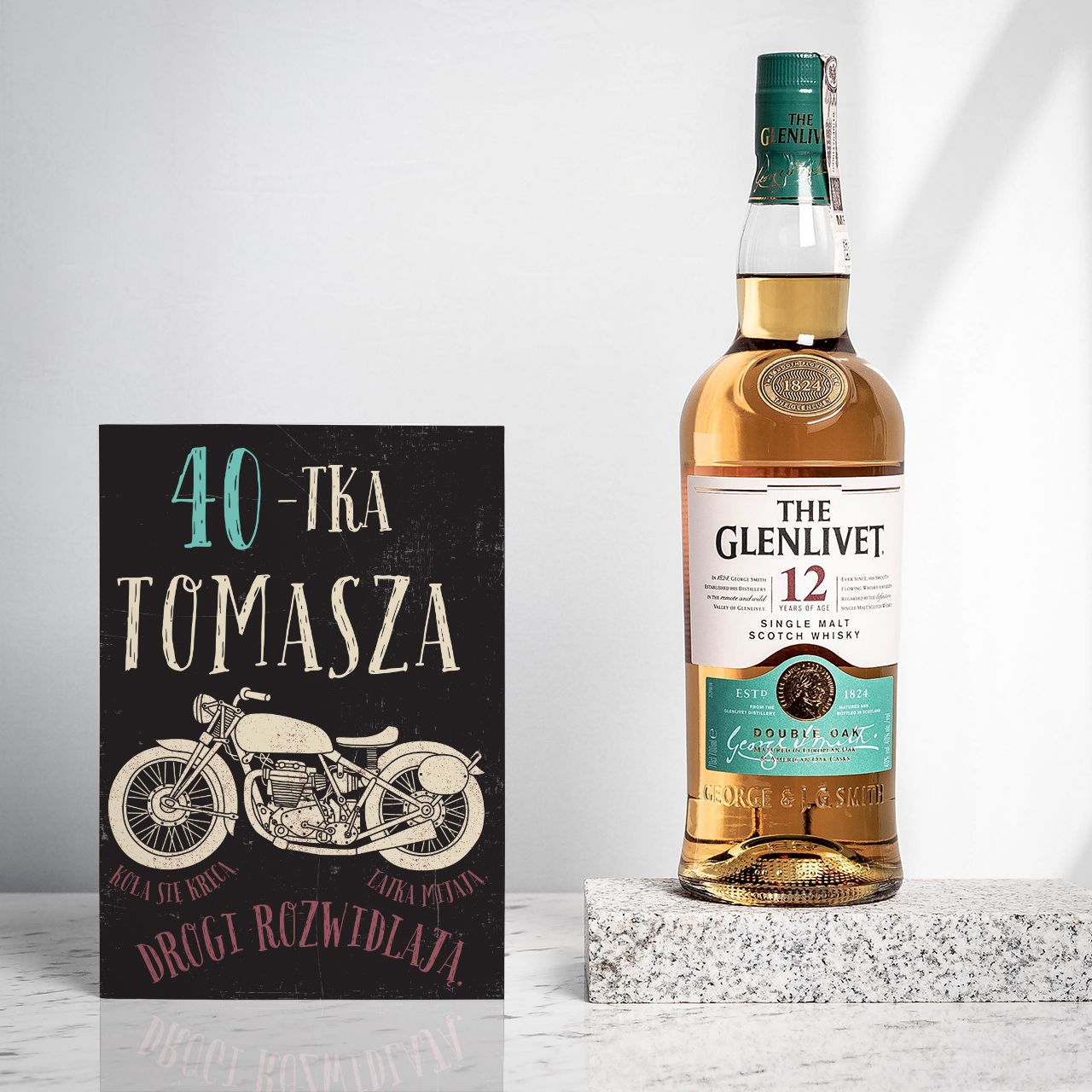 Szkocka whisky Glenlivet z kartką PREZENT NA 40 URODZINY DLA MOTOCYKLISTY