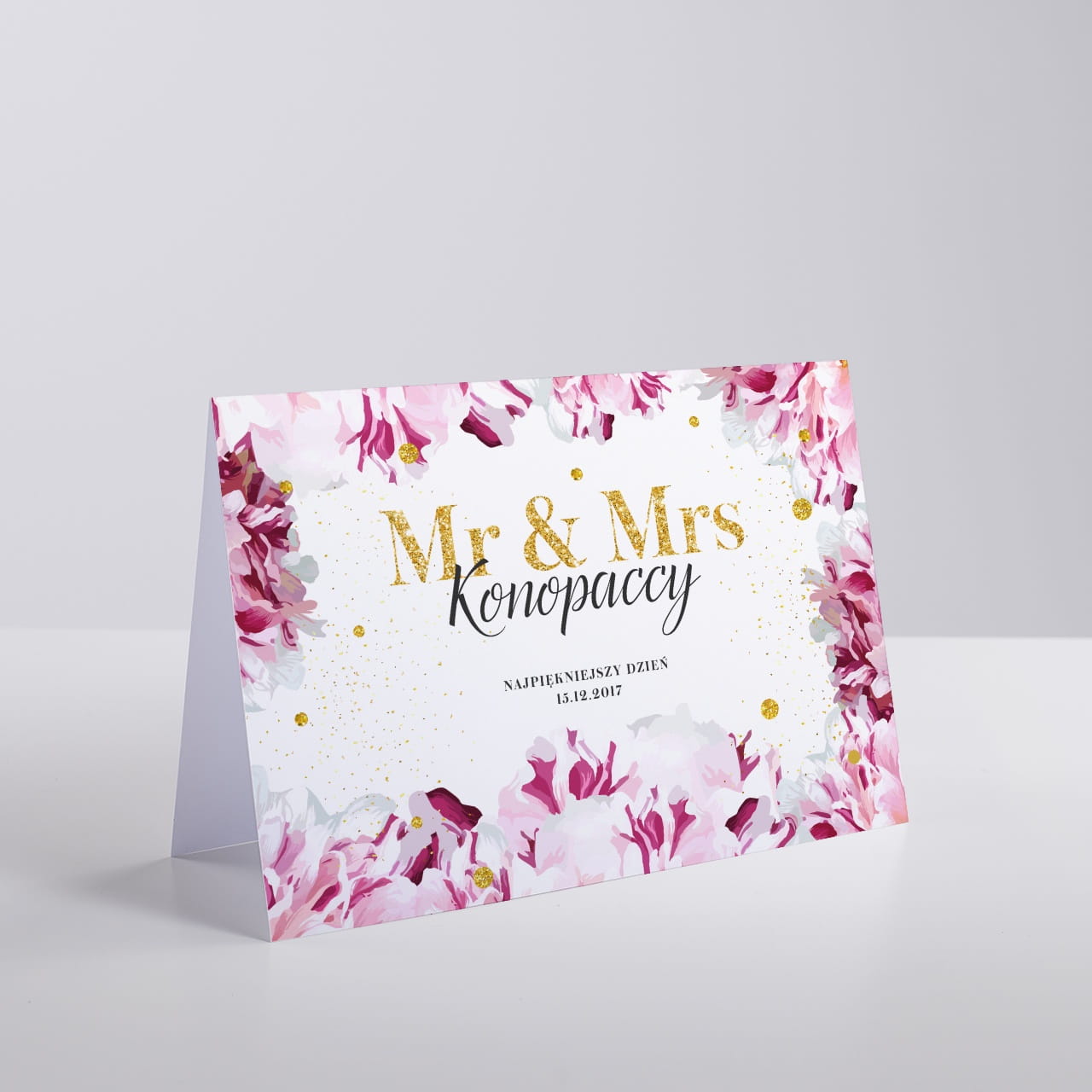 Kartka ślubna personalizowana MR &amp; MRS różowe kwiaty