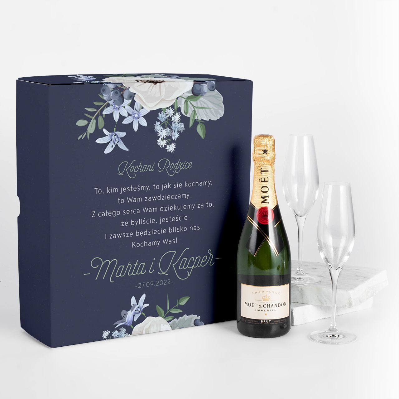 Zestaw prezentowy dla rodziców NA PODZIĘKOWANIE szampan z kieliszkami