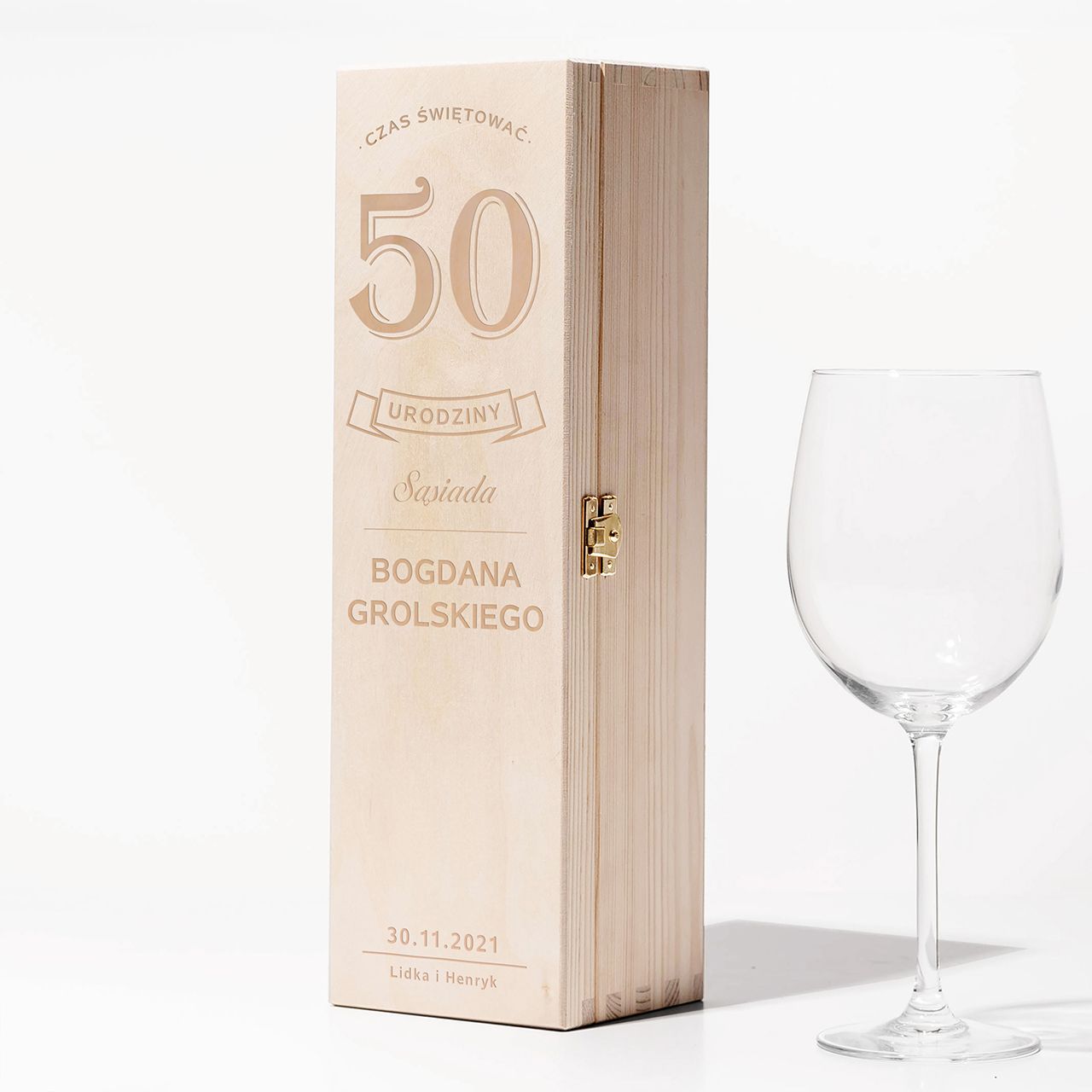 Skrzynka grawerowana na wino CZAS ŚWIĘTOWAĆ prezent na 50 urodziny