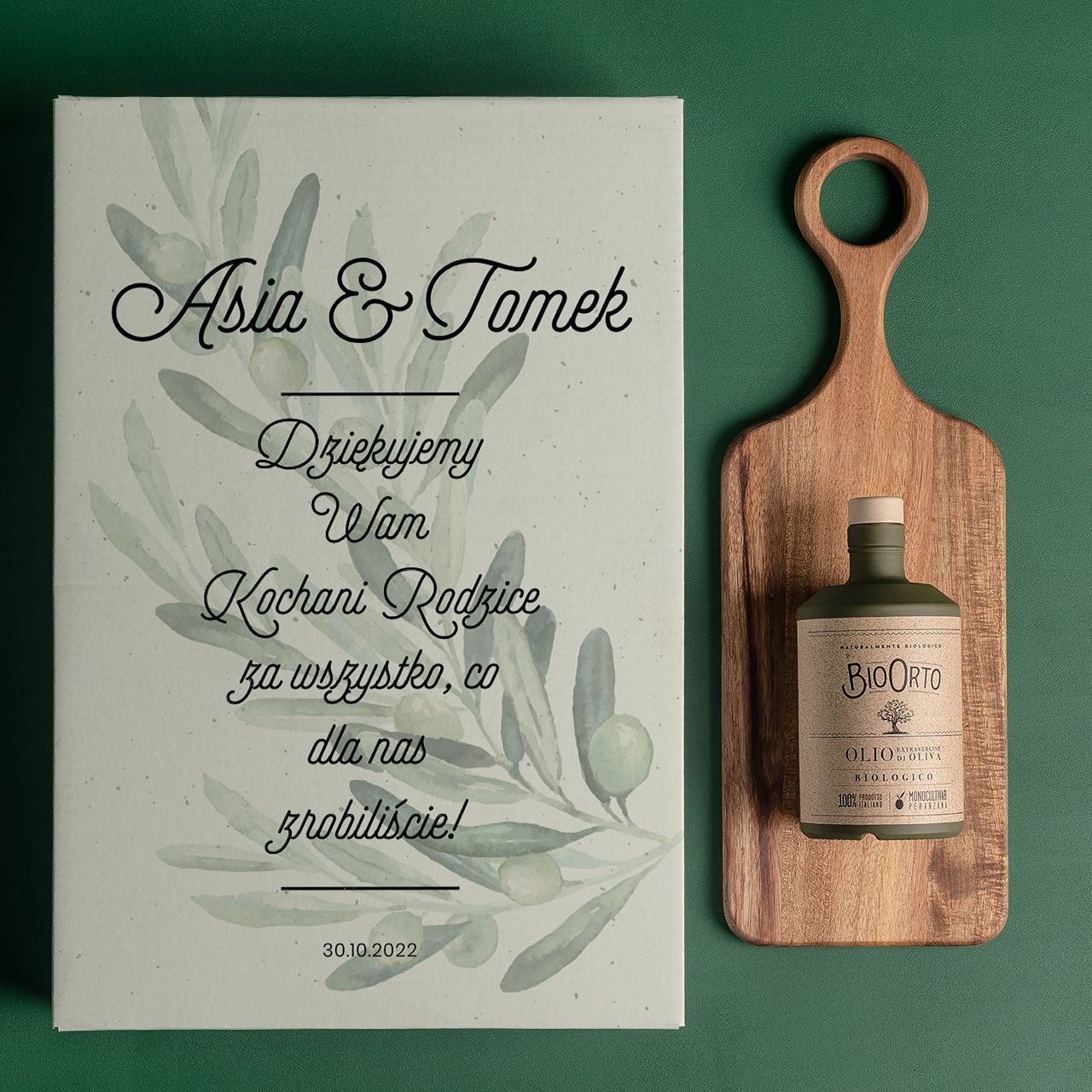 Włoska oliwa z oliwek + drewniana deska ZESTAW PREZENTOWY DLA RODZICÓW
